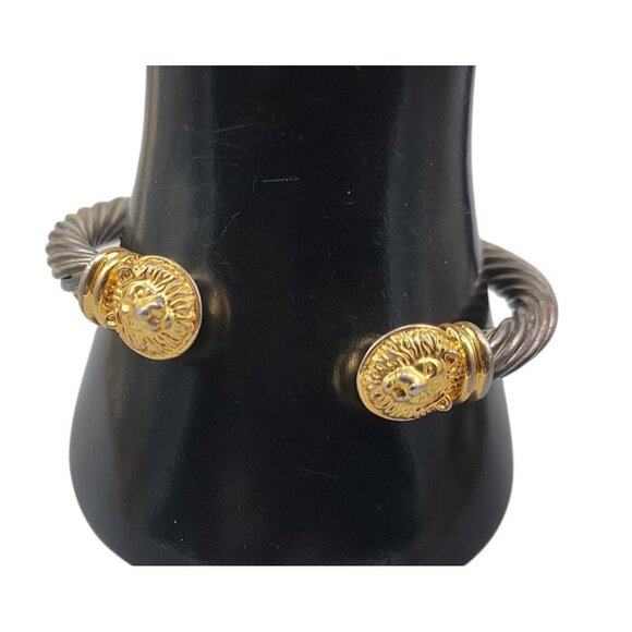 Twisted Cable Open Cuff Bracelet Lion Head End Caps Adjustable Silver/Gold Tone - Picture 5 of 16